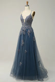 Sage A-line Spaghetti Strap Tulle Long Prom Dress Applique V-neck Party Dress HZ1108