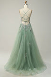 Sage A-line Spaghetti Strap Tulle Long Prom Dress Applique V-neck Party Dress HZ1108