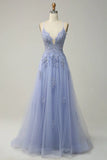 Sage A-line Spaghetti Strap Tulle Long Prom Dress Applique V-neck Party Dress HZ1108