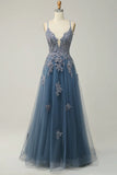 Sage A-line Spaghetti Strap Tulle Long Prom Dress Applique V-neck Party Dress HZ1108