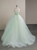 A-Line Tulle Lace Strapless Long Prom Dress, Tulle Green Long Formal Dress HZ1108