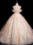 Pink A-line Spaghetti Straps Lace Tulle Flowers Sweetheart Long Prom Dress, Pink Off Shoulder Sweet 16 Dress HZ1108