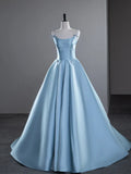 Blue A-Line Spaghetti Straps Satin Long Prom Dress, Blue Long Evening Dress HZ1108