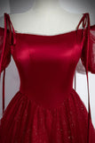 Burgundy A-Line Satin Tulle Floor Length Prom Dress, Off Shoulder Formal Evening Dress HZ1108