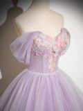 Sparkly A-Line Tulle Prom Dress Off the Shoulder Floral Appliques Long Prom Dress HZ1108