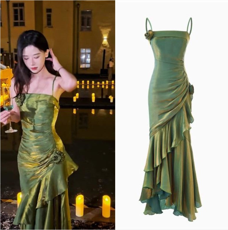 ??Elegant Satin Prom Dress for Quinceanera&Party-Fairytale A-line Straps Evening Gown for Birthday HZ1108