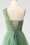 Dark Green A-Line One-Shoulder sequins Tulle Long Prom Dress HZ1108