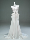White Satin A-line Sweetheart Beaded Long Prom Dress, Elegant Adult Ceremony Graduation Prom Dress HZ1108