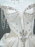 White Satin A-line Sweetheart Beaded Long Prom Dress, Elegant Adult Ceremony Graduation Prom Dress HZ1108
