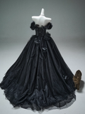 Black A-line Off-the-Shoulder Tulle 3D Applique Long Prom Dress,Adult Ceremony Graduation Prom Dress HZ1108