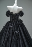 Black A-line Off-the-Shoulder Tulle 3D Applique Long Prom Dress,Adult Ceremony Graduation Prom Dress HZ1108