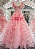 Pink A-Line Off the Shoulder Lace Tulle Long Prom Dress, Sweet 16 Dress HZ1108