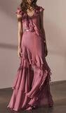 Pink V-Neck Chiffon Pleated Sleeveless Back Zippered Long Prom Dress Beautiful Party Dress HZ1108