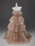 Champagne A-Line Off Shoulder Tulle Sequin Long Ball Dress Cute Layered Dress HZ1108