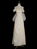 Light Yellow A-line Satin Off-shoulder Tulle Long Prom Dress Graduation Prom Dress Wedding Dress HZ1108