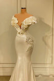 Classic White Mermaid V-neck Satin Pearl Ruffle Long Prom Dress Elegant Evening Dress HZ1108