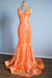 Orange Mermaid Spaghetti Straps Sequins Applique Long Prom Dress Tulle Evening Dress HZ1108