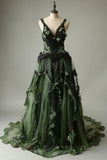 Mermaid V-neck Tulle Applique Long Prom Dress Vintage Lace Formal Evening Dress HZ1108