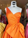 A-line one shoulder satin long prom dress with bow HZ1108