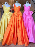 A-line one shoulder satin long prom dress with bow HZ1108
