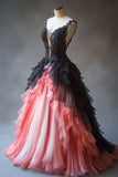 Gradient A-line Tulle Lace Deep V Neck Long Prom Dresses, Layered Beaded Evening Dress HZ1108