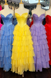 Lovely Yellow A-Line Sweetheart Long Tiered Prom Dress with Slit HZ1108