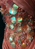 Bright Orange Mermaid V-Neck Satin Beaded Long Prom Dress Sequined Evening Gown HZ1108