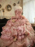 Sweet Pink Strapless Satin Tulle Sequin Beaded Diamond Long Ball Gown HZ1108