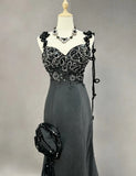 Elegant Black Mermaid Satin Beaded Sequin Long Prom Dress, Sweetheart Neck Evening Dress HZ1108