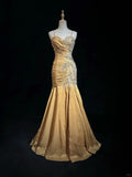 Vintage Green Mermaid Spaghetti Strap Satin Beaded Sequin Long Prom Dress Sweetheart Neck Evening Dress HZ1108