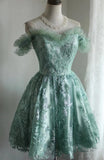 Green A-Line Tulle Beading Sequins Short Prom Dress Homecoming Dress HZ1108