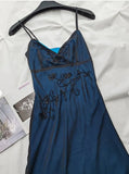 Navy Blue Mermaid Spaghetti Strap Tulle Beading Long Prom Dress V-Neck Vintage Party Dress HZ1108