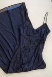 Navy Blue Mermaid Spaghetti Strap Tulle Beading Long Prom Dress V-Neck Vintage Party Dress HZ1108