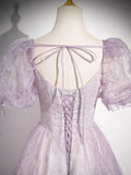 Sweet Lilac A-Line Sweetheart Tulle Beaded Long Prom Dress Puffy Sleeves Graduation Dress HZ1108