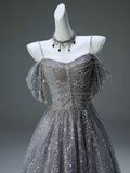 A-Line Spaghetti Strap Mesh Sequin Long Prom Dress Graduation Prom Adult Ceremony Dress HZ1108