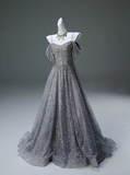 A-Line Spaghetti Strap Mesh Sequin Long Prom Dress Graduation Prom Adult Ceremony Dress HZ1108