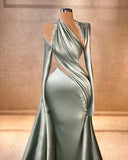 Charming Mermaid Irregular Collar Satin Rhinestone Halter Ruffled Long Prom Dress Formal Evening Gown HZ1108