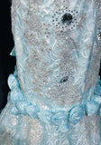 Sky Blue Mermaid Spaghetti Straps Organza Diamond Long Prom Dress Lace Floral Evening Gown HZ1108