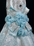 Sky Blue Mermaid Spaghetti Straps Organza Diamond Long Prom Dress Lace Floral Evening Gown HZ1108