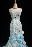 Sky Blue Mermaid Spaghetti Straps Organza Diamond Long Prom Dress Lace Floral Evening Gown HZ1108