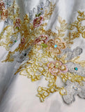 White A-Line Strapless Satin Sequins Long Prom Dress Embroidered Applique Wedding Dress HZ1108