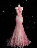 Pink Mermaid Halter Neck Tulle Long Prom Dress Sweet 16 Dress HZ1108