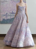 A-Line Spaghetti Strap Tulle Applique Long Prom Dress Adult Ceremony Birthday Dress HZ1108