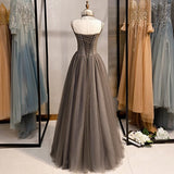 A-Line Spaghetti Strap Tulle Beaded Long Prom Dress Graduation Prom Dress Birthday Dress HZ1108