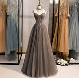 A-Line Spaghetti Strap Tulle Beaded Long Prom Dress Graduation Prom Dress Birthday Dress HZ1108