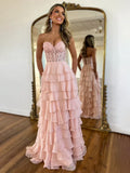 A-Line Sweetheart Neck Chiffon Lace Blue Long Prom Dress, Blue Long Graduation Dress HZ1108