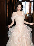 Champagne A-Line Tulle Sequins Long Prom Dress Embroidery Applique Formal Evening Dress HZ1108