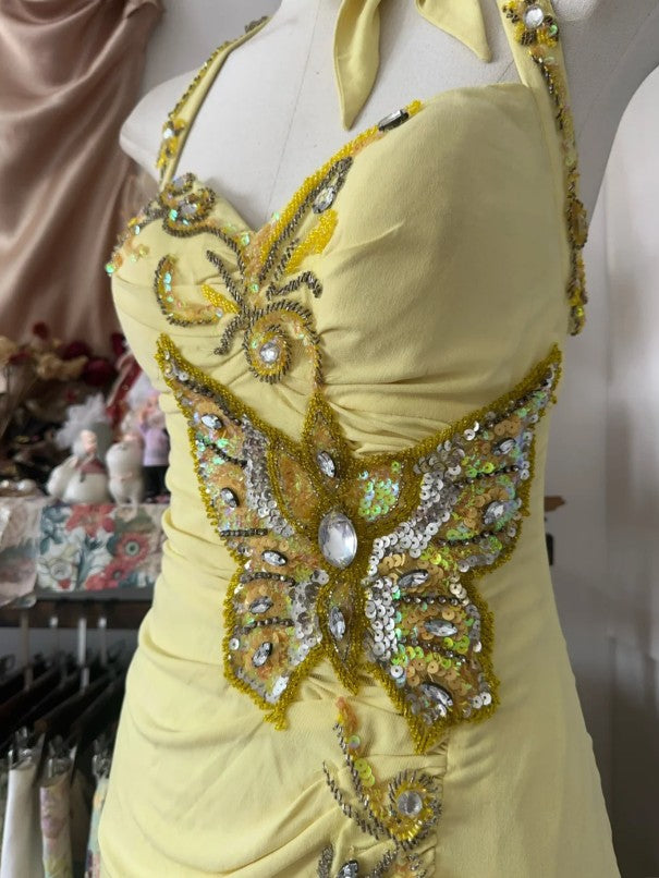 Elegant Yellow Mermaid Formal Dresses Halter Sequin Diamond Long Prom Dress Birthday Party Outfit HZ1108