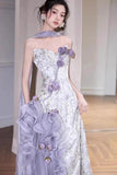 Elegant Purple Mermaid Strapless Satin Tulle Long Prom Dress Applique Evening Gown HZ1108