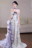 Elegant Purple Mermaid Strapless Satin Tulle Long Prom Dress Applique Evening Gown HZ1108